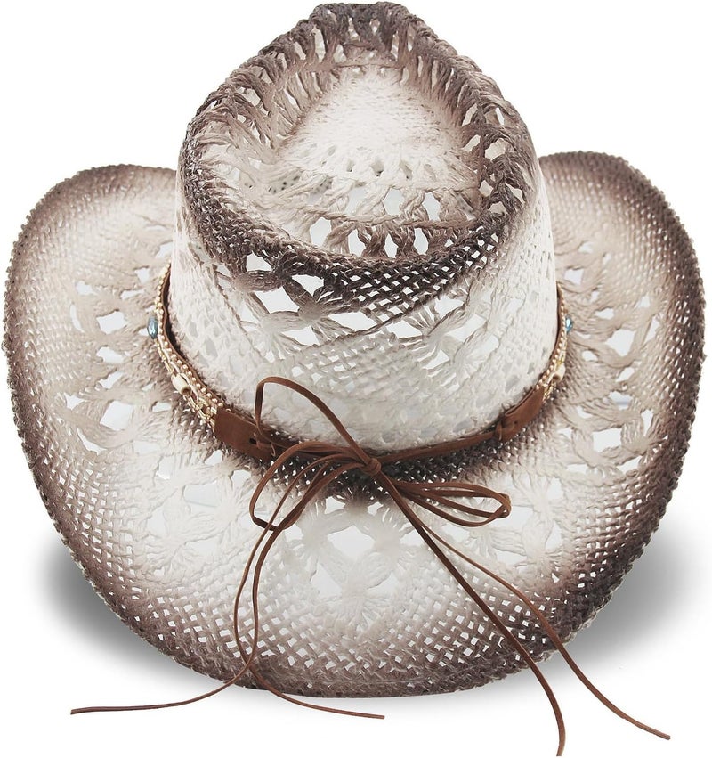 Foeran Men's Women's Straw Cowboy Hat Cowgirl Woven Sun Hat Western Cowboy Hat Two Decorative Bands - Image 3
